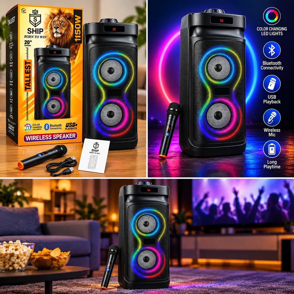 SHIP 20 Inch Wireless Party Speaker with Color Changing LED Lights