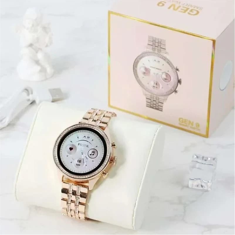 Royale Pavé Crystal Diamond Bezel Women Smartwatch (Rose Gold Steel Link, AMOLED Calling)
